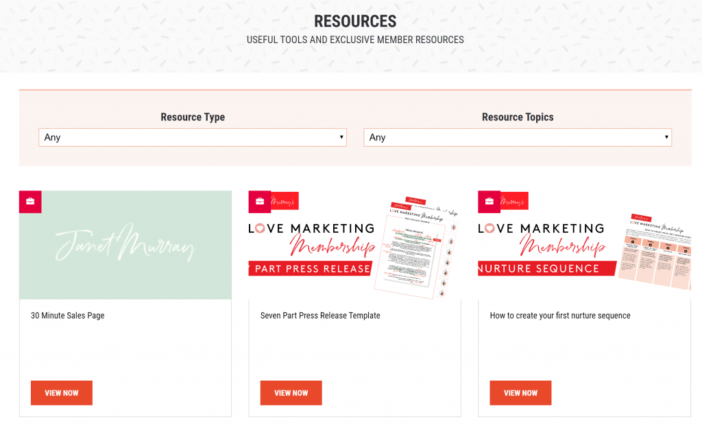 Screenshot of resources page